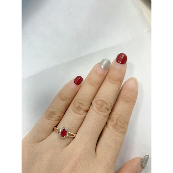 Halo Diamond Ruby Oval Gemstone Ring Yellow Gold
